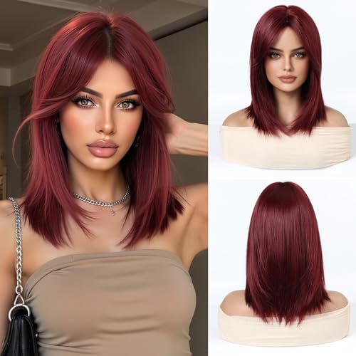 Esmee Kurze Glatte Burgunderrote Bob Perücken Mit Vorhangpony Schulterlange Natürliche Weinrote Perücke Synthetik Alltags Party Cosplay Perücken für Frauen von Esmee