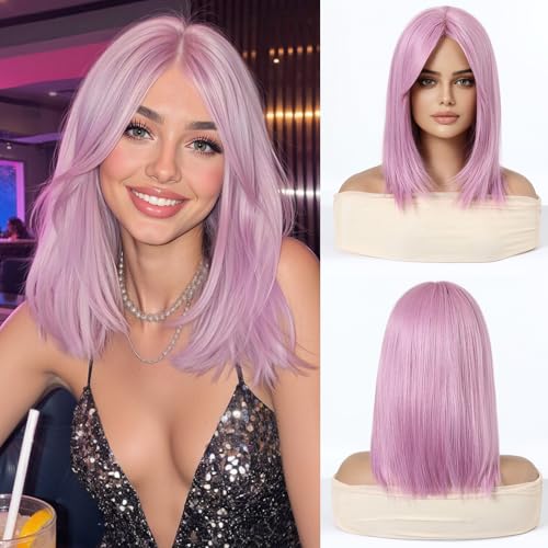Esmee Kurze Glatte Pink Bob Perücken Mit Vorhangpony Schulterlange Natürliche Perücke Synthetik Alltags Party Cosplay Perücken für Frauen von Esmee