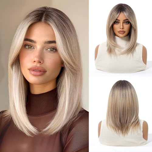 Esmee Kurzer Gerader Blonder Bob Perücken mit Vorhang Pony Schulterlänge Natürliche Perücke Synthetische Cosplay Perücken für Frauen von Esmee