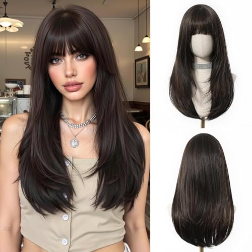 Esmee Lang Gerade Braune Perücken für Damen mit Pony Natürlich Aussehende Synthetische Haare Perücke für Täglichen Gebrauch & Party von Esmee