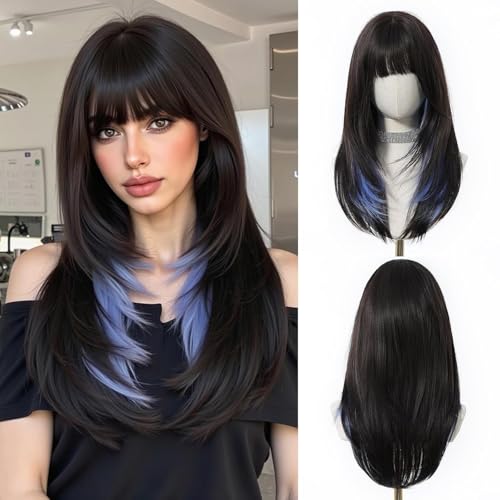 Esmee Lang Gerade Schwarz-Braune Perücken für Damen mit Pony Natürlich Aussehende Synthetische Haare Einzigartige Blaue Haarspitzen Perücke für Täglichen Gebrauch & Party von Esmee