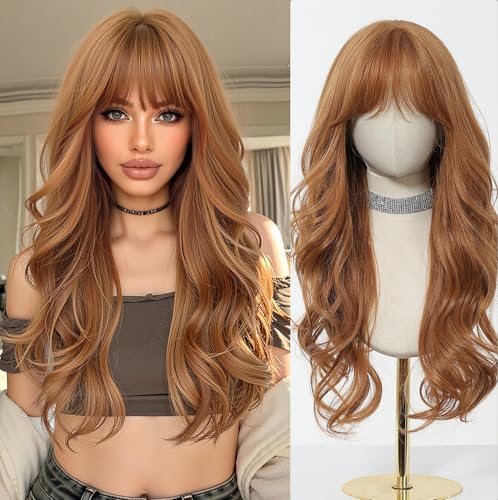 Esmee Lang Gewellt Strawberry Blonde mit Fransen Perücken für Frauen Natürliche Synthetische Hitzebeständige Haare Curly Perücke für Party Täglicher Gebrauch von Esmee