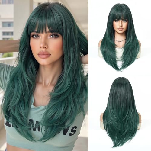 Esmee Lang Glatte Grüne Perücke für Frauen mit Pony Natürliche Synthetikhaar-Perücke für den täglichen und Partygebrauch von Esmee