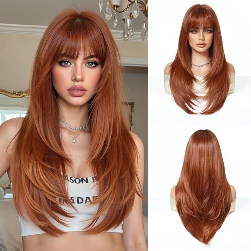 Esmee Lang Glatte Kastanienbraune Perücke für Frauen mit Pony Natürliche Synthetikhaar-Perücke für den täglichen und Partygebrauch von Esmee