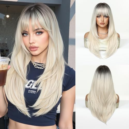 Esmee Lang Glatte Platinblonde Perücke für Frauen mit Pony Natürliche Synthetikhaar-Ombré-Perücke für den täglichen und Partygebrauch von Esmee