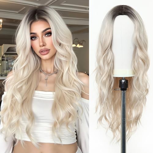 Esmee Lang Wellige Platinblonde Perücken für Damen Natürlich Aussehende Synthetische Haare Ombré Perücke für Täglichen Gebrauch & Party von Esmee