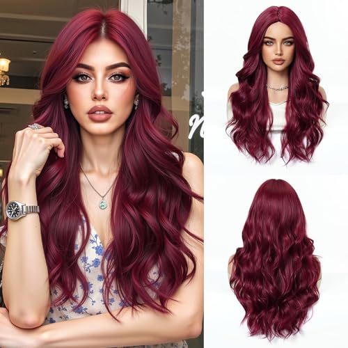 Esmee Lang Wellige Weinrote Perücke für Frauen Natürliche Synthetikhaar-Perücke für den täglichen und Partygebrauch von Esmee