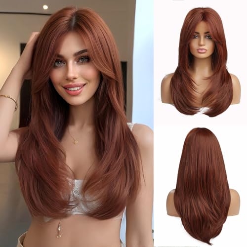 Esmee Lange Gerade Auburn Perücken für Frauen Natuaral Synthetischen Geschichteten Haar Perücke mit Pony für Tägliche Party Cosplay Verwenden-20 Zoll von Esmee