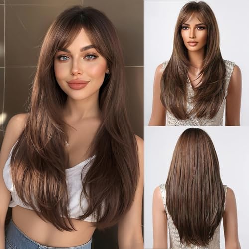 Esmee Lange Gerade Braun mit Highlight Perücke mit Fransen Natuaral Synthetisches Haar Tägliche Party Perücken für Frauen von Esmee