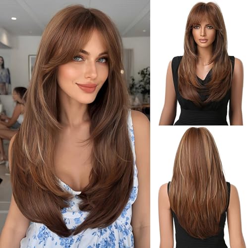 Esmee Lange Gerade Braune Perücken für Frauen mit Highlight Natürliche Geschichtete Synthetische Haare Perücke mit Fransen für Tägliche Party Cosplay Verwendung-20 Zoll von Esmee