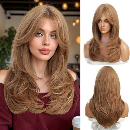 Esmee Lange Gerade Erdbeere Blonde Perücken für Frauen Natürliche Synthetische Haare Geschichtete Perücke mit Fransen für Tägliche Party Cosplay Use-20 Inches von Esmee