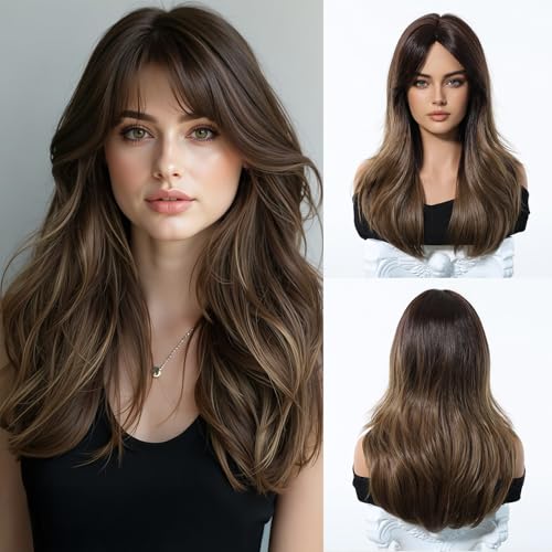 Esmee Lange Gerade Ombre Braune Perücke für Frauen mit Vorhang Pony Natürliche Synthetische Haar Perücken für den täglichen Gebrauch Party von Esmee
