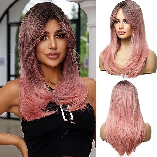 Esmee Lange Gerade Ombre Rosa Perücken für Frauen Synthetic Geschichtet Hellrosa Haar Perücke mit Fransen für die Tägliche Party Cosplay Verwendung-20 Zoll von Esmee