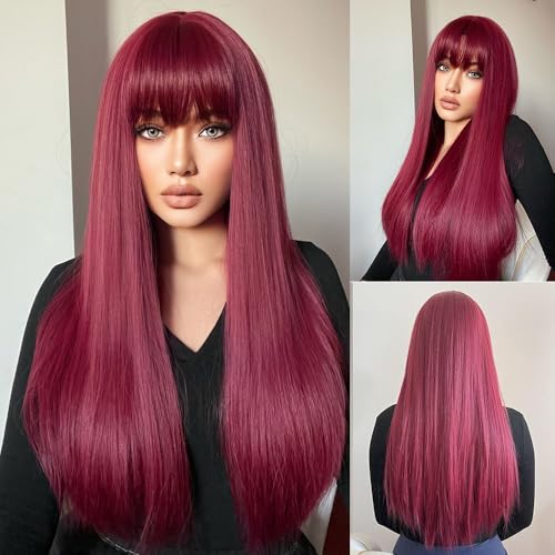 Esmee Lange Gerade Weinrot Perücken für Frauen Cosplay Perücke mit Fransen Naturhaar Synthetisches Haar Hitzebeständig Burgunder Perücke von Esmee
