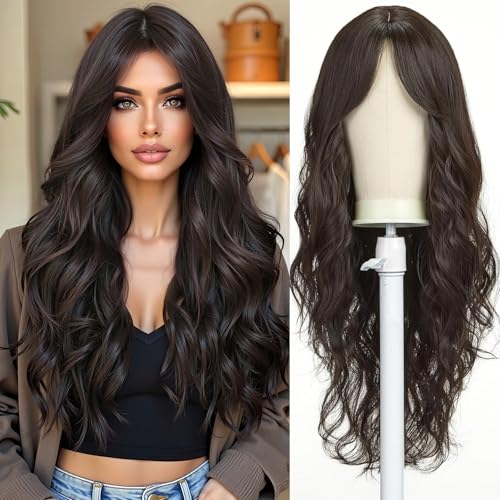 Esmee Lange Gewellte Dunkelbraune Perücken für Frauen Natuaral Synthetisches Haar Hitzebeständig Brünette Perücke für tägliche Party Cosplay Verwendung von Esmee