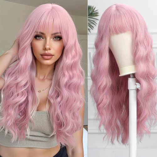 Esmee Lange Gewellte Rosa Perücken mit Vorhang Pony Natürliche Perücke Synthetische Cosplay Perücken für Frauen für die tägliche Party Cosplay Tragen von Esmee