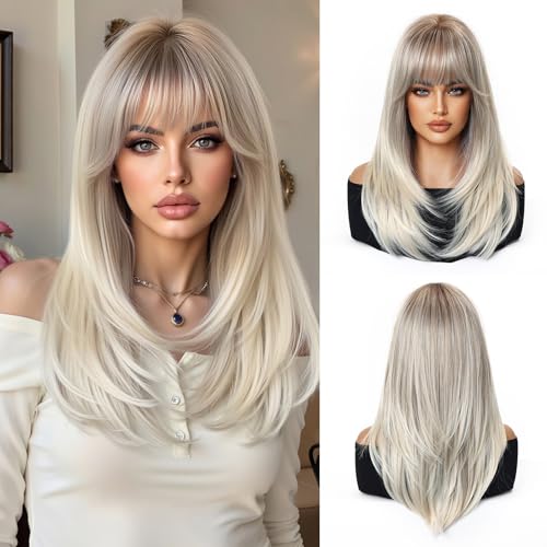 Esmee Lange Glatte Blonde Perücken für Damen mit Pony Natürliches Synthetikhaar Ombré Perücke für Alltag & Party von Esmee