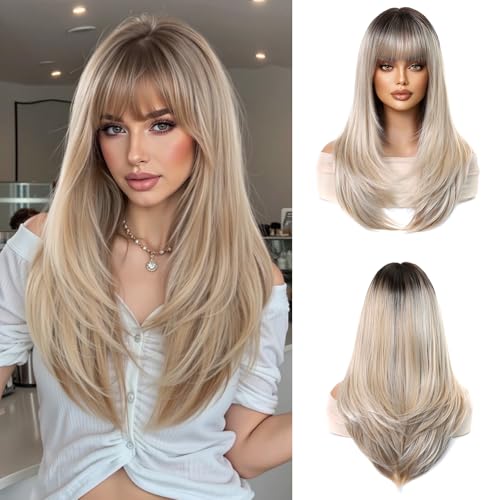 Esmee Lange Glatte Gemischtes Blond Perücke für Damen Natürliches Synthetikhaar Ombre Perücke für den täglichen Gebrauch und Partys von Esmee