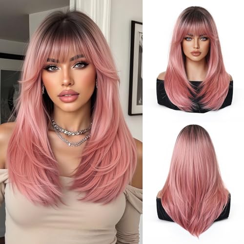 Esmee Lange Glatte Pink Perücken für Damen mit Pony Natürliches Synthetikhaar Ombré Perücke für Alltag & Party von Esmee