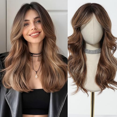 Esmee Lange Gewellte Braune Perücken für Frauen Natürliches Synthetikhaar Hitzebeständige Ombre-Perücke für täglichen Gebrauch Party Cosplay Einsatz von Esmee