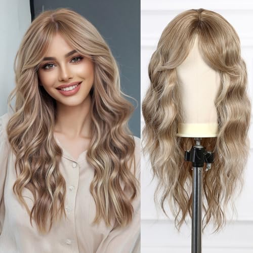 Esmee Lange Welle Aschblonde Perücke für Frauen mit Vorhang Pony Natürliche Synthetisches Haar Perücken für den täglichen Gebrauch Party von Esmee