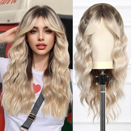 Esmee Lange Welle Blonde Perücke für Frauen mit Vorhang Pony Natürliche Synthetisches Haar Ombre Perücken für den täglichen Gebrauch Party von Esmee