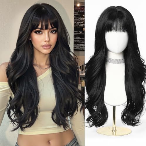 Esmee Lange Wellige Schwarze Perücken für Frauen mit Pony Natürliche Synthetik Perücke für Täglichen & Partygebrauch von Esmee