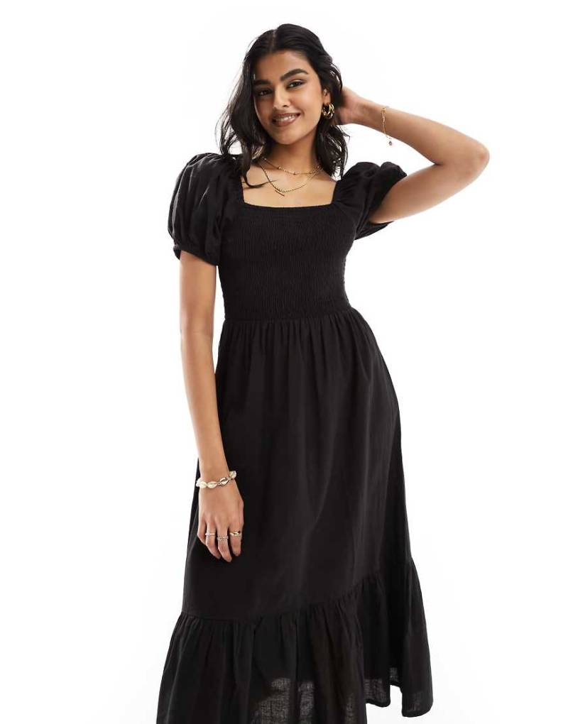 Esmée - Midi-Strandkleid in Schwarz mit Puffärmeln von Esmée