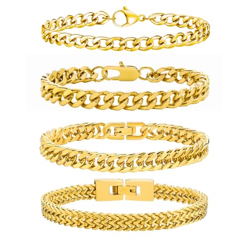 Esmoly Armband Herren Bracelet Silber Armband - 4 Stücke Silber Gold Schwarz Edelstahl Armbänder Kubanische Armband 19cm/21cm/23cm Länge Abschluss Geburtstags Geschenke für Männer (Gold 23cm) von Esmoly