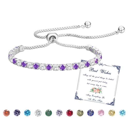 Esmoly Armband Damen Silber Tennis Armband mit Geburtsstein in 12 Farben,Verstellbares Glitzer Armband Damen,Geschenke für Frauen Freundin Ehefrau Mutter Schwester (02-Februar) von Esmoly