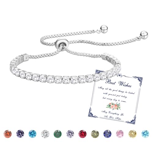 Esmoly Armband Damen Silber Tennis Armband mit Geburtsstein in 12 Farben,Verstellbares Glitzer Armband Damen,Geschenke für Frauen Freundin Ehefrau Mutter Schwester (04-April) von Esmoly