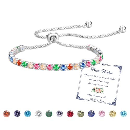 Esmoly Armband Damen Silber Tennis Armband mit Geburtsstein in 12 Farben,Verstellbares Glitzer Armband Damen,Geschenke für Frauen Freundin Ehefrau Mutter Schwester (13-Bunt) von Esmoly