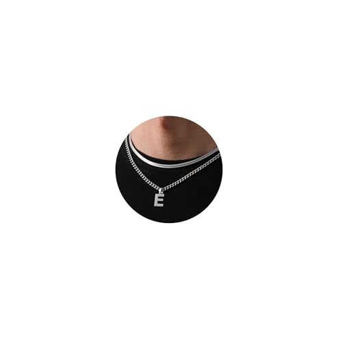 Kette Herren Kette mit Buchstaben A-Z Silber Gold Schwarz Buchstaben Kette Edelstahl Anhänger Halsketten Doppelkette Necklace Men 18+20 Inches Abschluss Geburtstage Geschenke für Männer (Silber E) von Esmoly