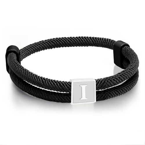 Paracord Armband Herren Surferarmband Bracelet Schwarz Segeltau Armband Herren Verstellbares Handgemacht Geflochtenes Armbänder mit Buchstaben A-Z Abschluss Geburtstag Geschenke für Männer (Silber I) von Esmoly