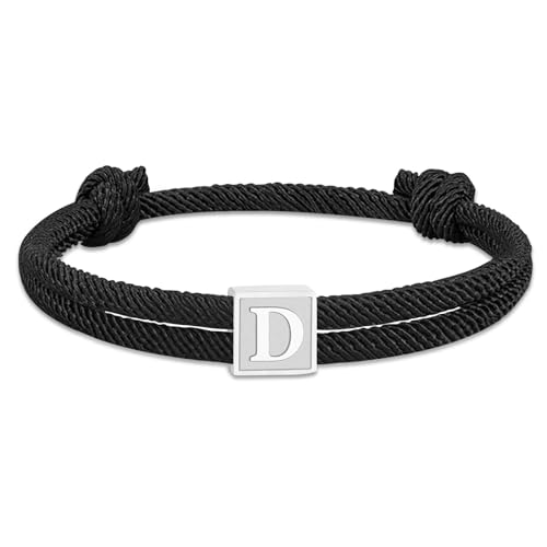 Paracord Armband Herren Surferarmband Bracelet Schwarz Segeltau Armband Herren Verstellbares Handgemacht Geflochtenes Armbänder mit Buchstaben A-Z Abschluss Geburtstag Geschenke für Männer (Silber D) von Esmoly