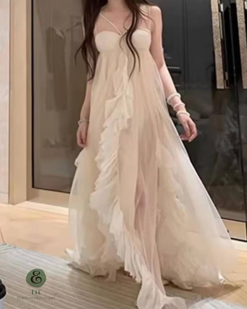 Frühling Revival Spitzenbesatz Chiffon Neckholder Kleid Frauen Sommer Urlaub Lange Fee Rock Ärmellos Empire Taille Knöchel Länge von EsoClothingBoutique