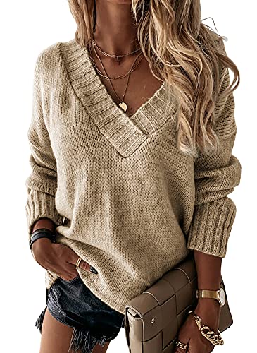 Damen-Pullover, lockerer V-Ausschnitt, langärmelig, Strickpullover, khaki, Small von Esobo