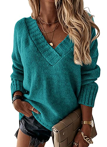 Damen-Pullover, lockerer V-Ausschnitt, langärmelig, Strickpullover, seeblau, Groß von Esobo