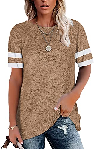 Damen-T-Shirt, kurzärmelig, lose Tunika, Rundhalsausschnitt, Farbblock-Blusen - Braun - Large von Esobo