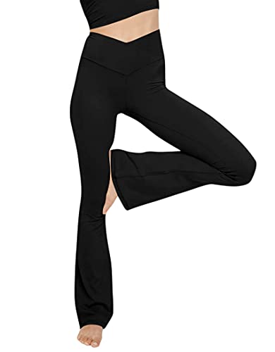 Esobo Damen Bootleg Yogahose Crossover High Waisted Wide Leg Workout Flare Pants Bootcut Arbeitshose Kleid Pants, schwarz, Groß von Esobo