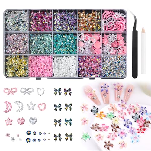 Esoes 800PCS 3D Nagel Charms 3D Hawaiianische Blume Nagel Strasssteine Rhinestones mit Pick Up Tool für Frauen Mädchen Nagel DIY Zubehör von Esoes