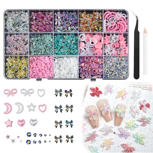 Esoes Nail Charms mit Pick Up Tool 700 Stück Floral Nail Art Charms 3D Hawaiianische Blume Nägel Bunte Blume Nagel Diamanten für Frauen Mädchen Nagel DIY Zubehör von Esoes