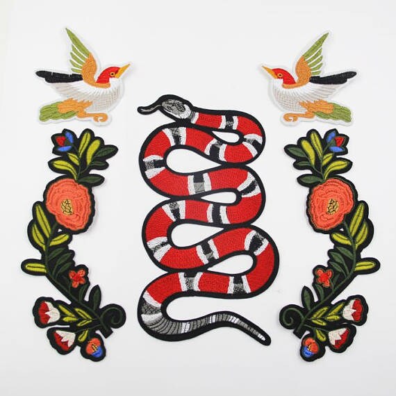Gestickte Schlange, Vogel & Blume Bügelbilder Kleidungsstück Applikation Set von EsonfashionI