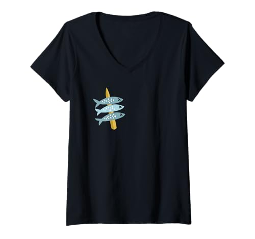 Damen Spieß Sardinas Espetos T-Shirt mit V-Ausschnitt von Espetos Málaga Sonia Pascual Illustrations