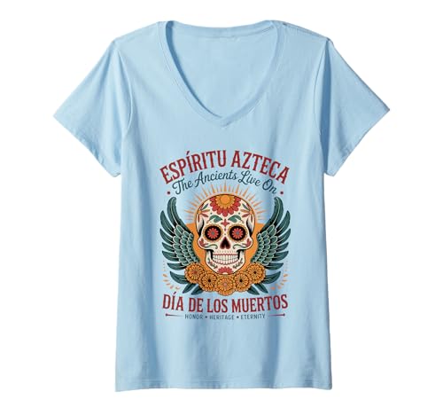 Damen Espíritu Azteca Día de los Muertos - Klassischer Azteken-Totenkopf T-Shirt mit V-Ausschnitt Damen Espíritu Azteca Día de los Muertos - Klassischer Azteken-Totenkopf T-Shirt mit V-Ausschnitt von Espíritu Azteca - The Ancients Live On