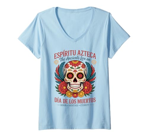 Damen The Ancients Live On - Aztec Spirit Day of The Dead T-Shirt mit V-Ausschnitt Damen The Ancients Live On - Aztec Spirit Day of The Dead T-Shirt mit V-Ausschnitt von Espíritu Azteca - The Ancients Live On