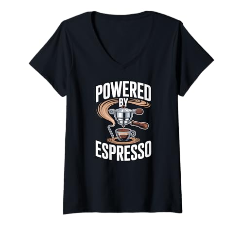 Damen Angetrieben von Espresso Coffee Machine Design T-Shirt mit V-Ausschnitt Damen Angetrieben von Espresso Coffee Machine Design T-Shirt mit V-Ausschnitt von Espresso Enthusiasts Coffee Lovers Collection