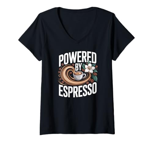 Damen Angetrieben von Espresso Coffee Humor T-Shirt mit V-Ausschnitt Damen Angetrieben von Espresso Coffee Humor T-Shirt mit V-Ausschnitt von Espresso Enthusiasts Coffee Lovers