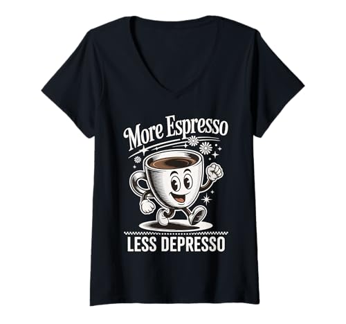 Damen More Espresso Less Depresso T-Shirt mit V-Ausschnitt Damen More Espresso Less Depresso T-Shirt mit V-Ausschnitt von Espresso Kaffee Koffein Barista