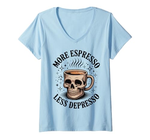 Damen More Espresso Less Depresso T-Shirt mit V-Ausschnitt Damen More Espresso Less Depresso T-Shirt mit V-Ausschnitt von Espresso Kaffee Koffein Barista